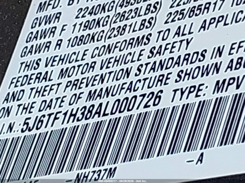 2010 Honda Accord crosstour VIN 5J6TF1H38AL000726 IAAI salvage auction — NORMAL WEAR, Clear (New York), sold $950 on 2026-07-07 (photo 9)