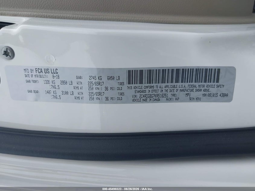 2019 Dodge Grand caravan VIN 2C4RDGBG7KR516251 IAAI salvage auction — NORMAL WEAR, Sf97 (Washington), sold $11,025 on 2026-08-18 (photo 9)