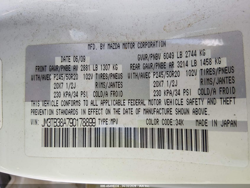 2009 Mazda Cx-9 VIN JM3TB38A790178899 IAAI salvage auction — NORMAL WEAR, Clear (South Carolina), sold $325 on 2026-07-08 (photo 9)