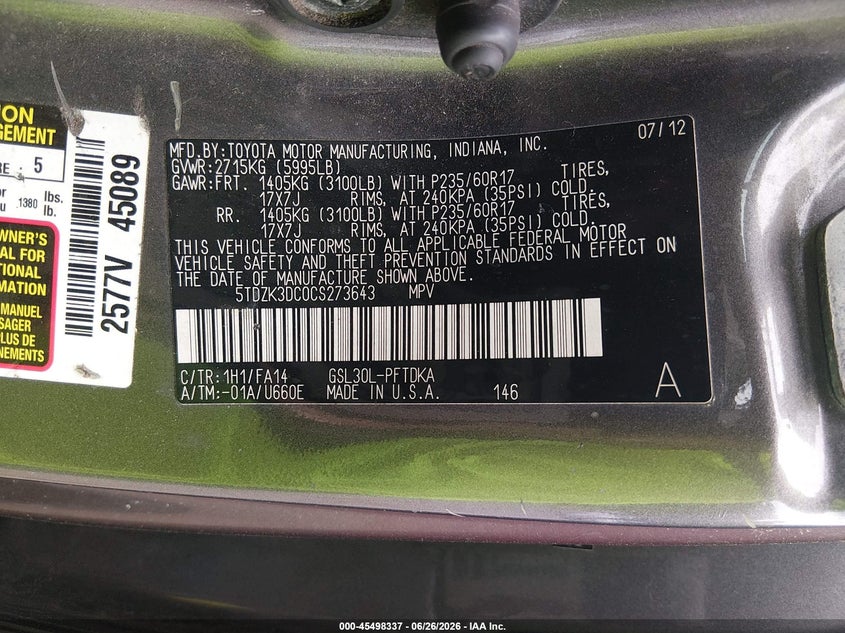 2012 Toyota Sienna VIN 5TDZK3DC0CS273643 IAAI salvage auction — NORMAL WEAR, Clear (Virginia), sold $1,000 on 2026-07-22 (photo 9)