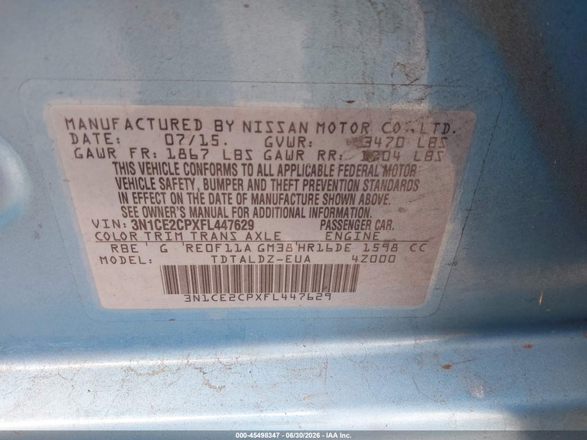 2015 Nissan Versa note VIN 3N1CE2CPXFL447629 IAAI salvage auction — NORMAL WEAR, Clear (Washington), sold $525 on 2026-07-08 (photo 9)