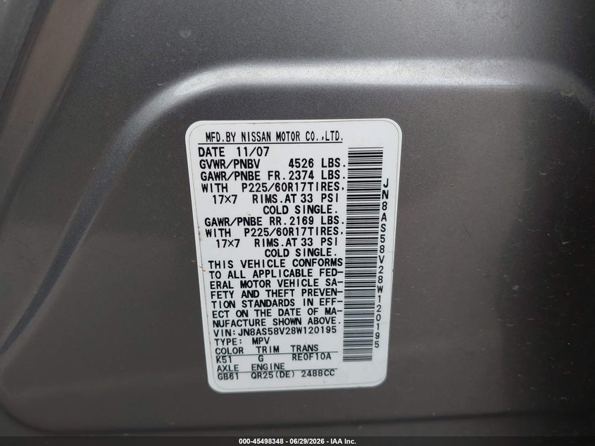 2008 Nissan Rogue VIN JN8AS58V28W120195 IAAI salvage auction — NORMAL WEAR, Clear (Hawaii), sold $100 on 2026-07-28 (photo 9)