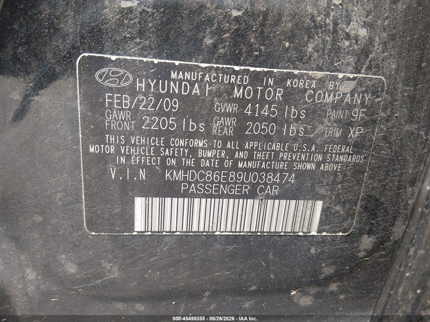 2009 Hyundai Elantra VIN KMHDC86E89U038474 IAAI salvage auction — NORMAL WEAR, Clear (Pennsylvania), sold $500 on 2026-07-24 (photo 9)