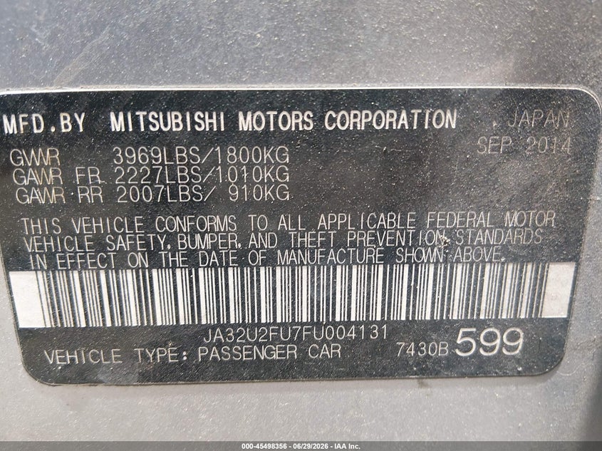 2015 Mitsubishi Lancer VIN JA32U2FU7FU004131 IAAI salvage auction — NORMAL WEAR, Reconstructed (Louisiana), sold $250 on 2026-07-27 (photo 9)