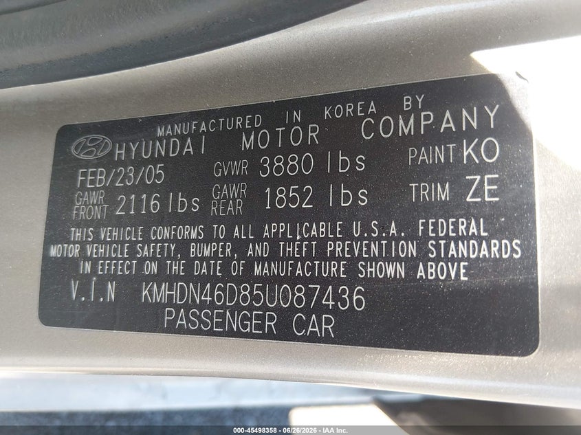 2005 Hyundai Elantra VIN KMHDN46D85U087436 IAAI salvage auction — FRONT END, Salvage (Nevada), sold $25 on 2026-07-24 (photo 9)
