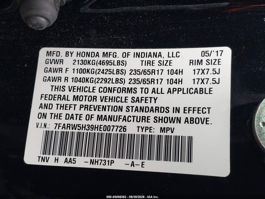 2017 Honda Cr-v VIN 7FARW5H39HE007726 IAAI salvage auction — SIDE, Salvage Title, sold $4,325 on 2026-07-22 (photo 9)