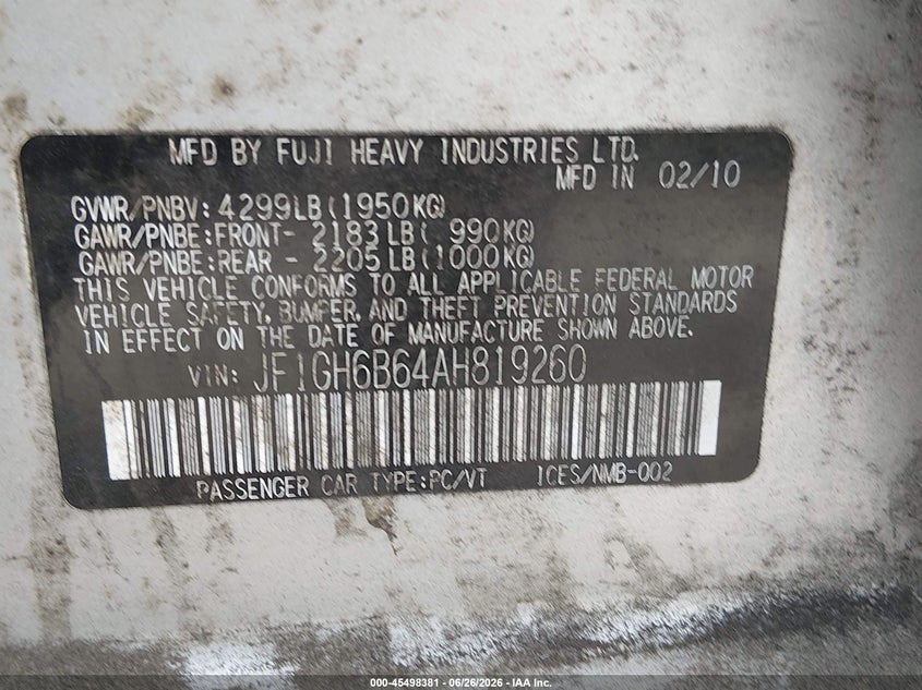 2010 Subaru Impreza VIN JF1GH6B64AH819260 IAAI salvage auction — NORMAL WEAR, Clear (Washington), sold $550 on 2026-07-08 (photo 9)