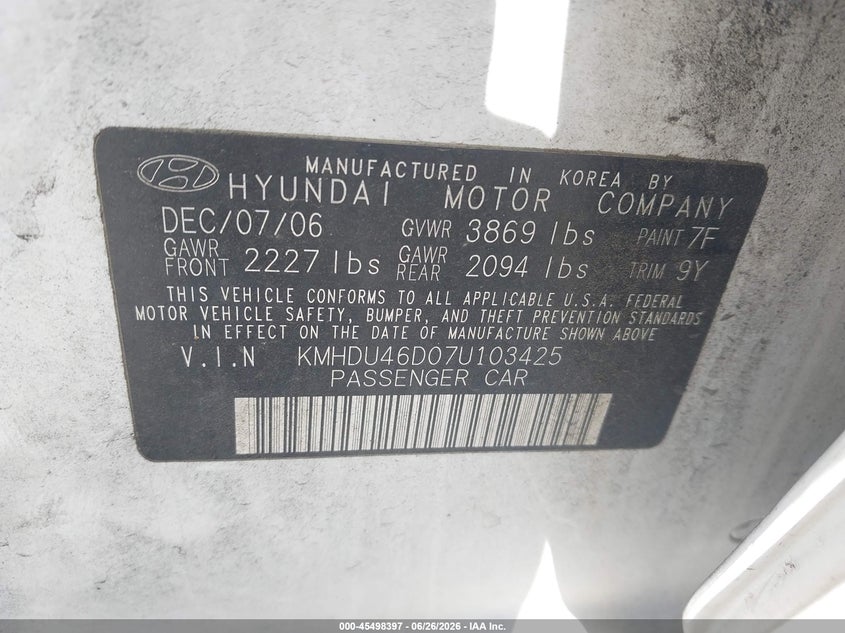 2007 Hyundai Elantra VIN KMHDU46D07U103425 IAAI salvage auction — NORMAL WEAR, Clear - Dealer Only (California), sold $850 on 2026-07-09 (photo 9)
