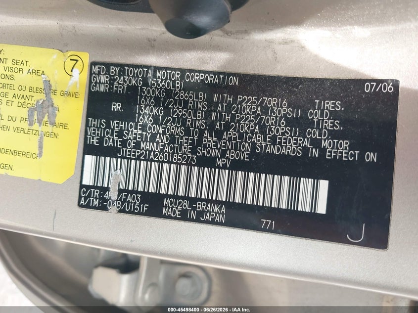 2006 Toyota Highlander VIN JTEEP21A260185273 IAAI salvage auction — NORMAL WEAR, Clear (Pennsylvania), sold $1,725 on 2026-07-17 (photo 9)