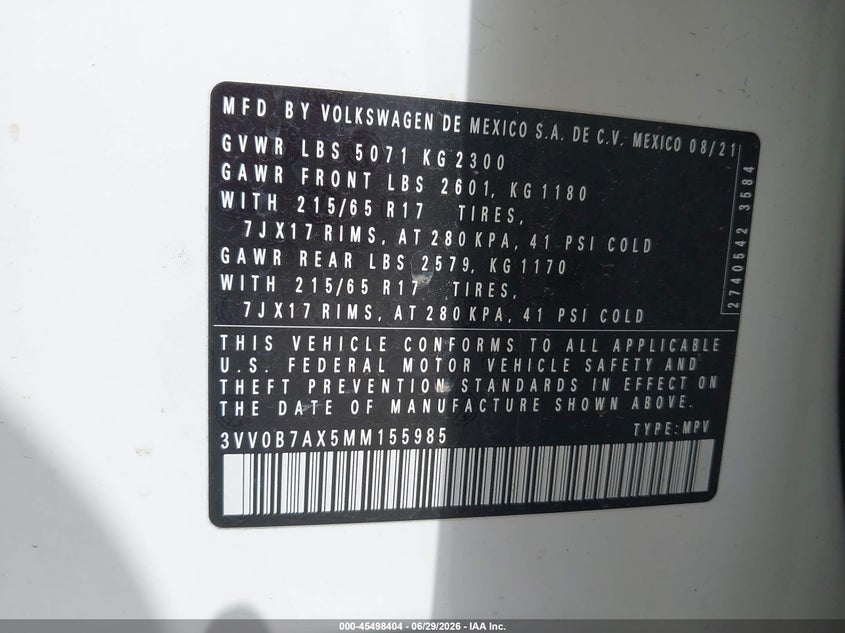 2021 Volkswagen Tiguan VIN 3VV0B7AX5MM155985 IAAI salvage auction — NORMAL WEAR, Salvage Title, sold $4,700 on 2026-08-27 (photo 9)