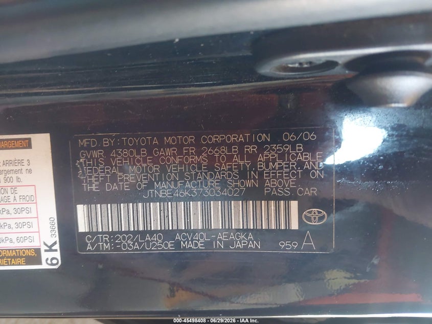 2007 Toyota Camry VIN JTNBE46K373034027 IAAI salvage auction — NORMAL WEAR, Clear (Arizona), sold $50 on 2026-07-28 (photo 9)