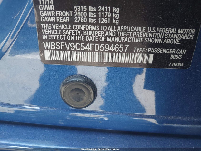 2015 BMW M5 VIN WBSFV9C54FD594657 IAAI salvage auction — REAR END, Salvage (California), sold $14,100 on 2026-07-29 (photo 9)