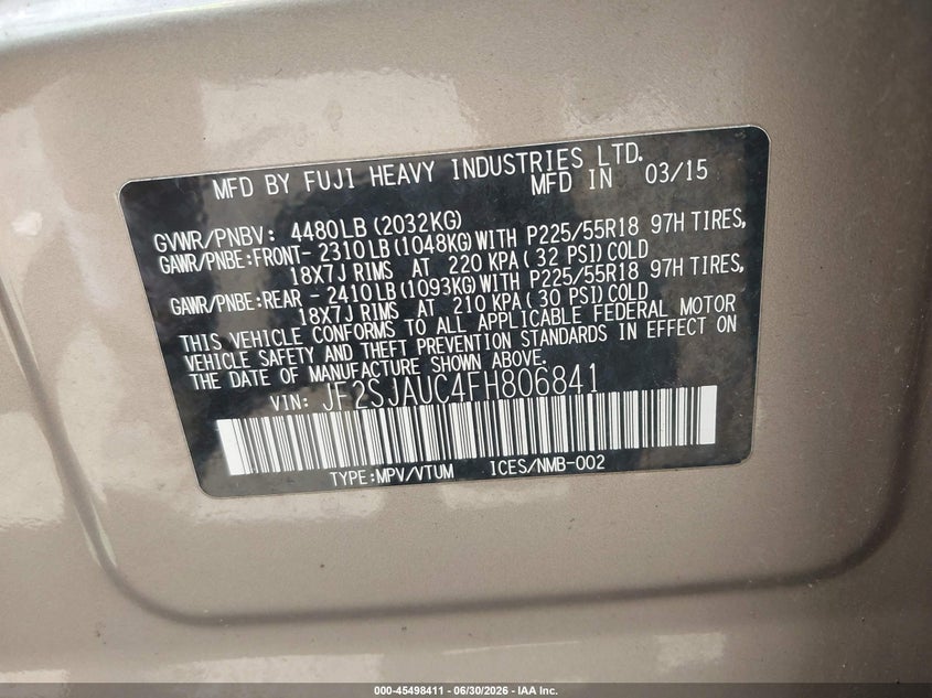 2015 Subaru Forester VIN JF2SJAUC4FH806841 IAAI salvage auction — NORMAL WEAR, Original (Ohio), sold $375 on 2026-07-06 (photo 9)