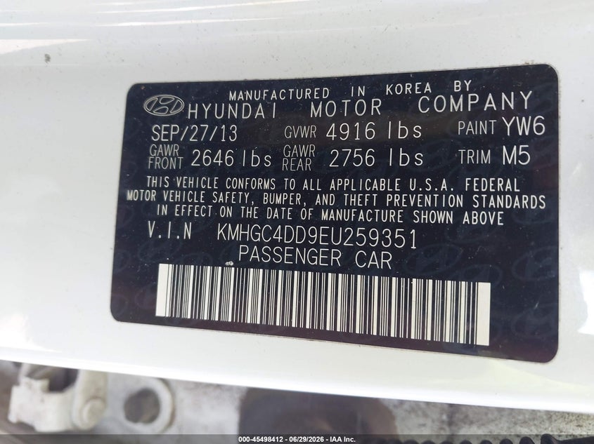 2014 Hyundai Genesis VIN KMHGC4DD9EU259351 IAAI salvage auction — NORMAL WEAR, Clear (Tennessee), sold $450 on 2026-07-28 (photo 9)