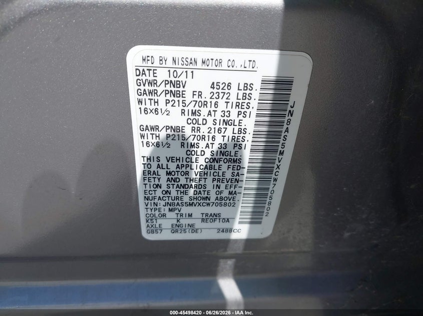 2012 Nissan Rogue VIN JN8AS5MVXCW705802 IAAI salvage auction — NORMAL WEAR, Clear - Dealer Only (California), sold $475 on 2026-07-09 (photo 9)