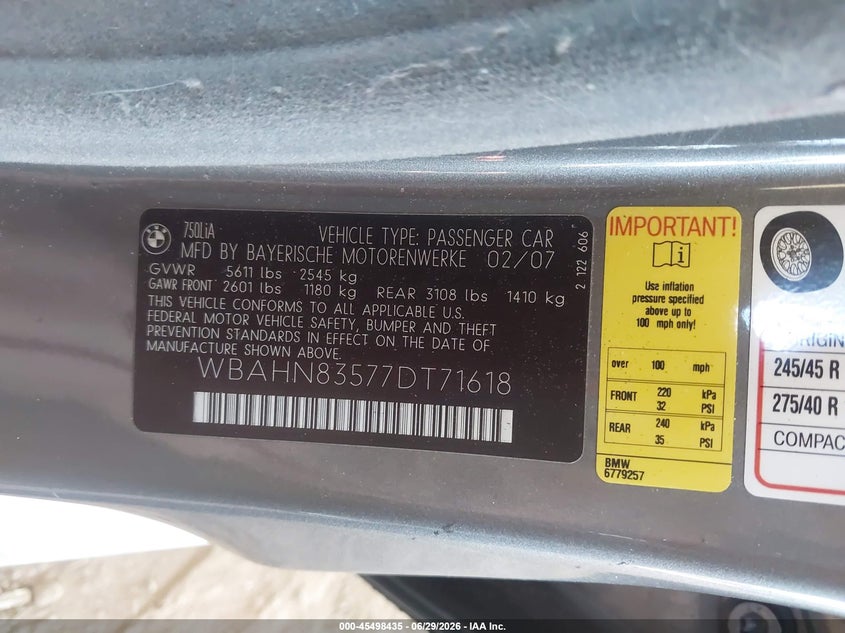 2007 BMW 7 series VIN WBAHN83577DT71618 IAAI salvage auction — NORMAL WEAR, Clear (Arizona), sold $775 on 2026-07-28 (photo 9)