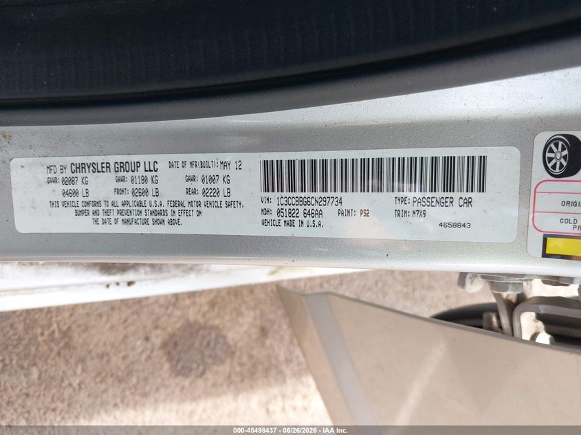 2012 Chrysler 200 VIN 1C3CCBBG6CN297734 IAAI salvage auction — NORMAL WEAR, Bill Of Sale (Hawaii), sold $275 on 2026-08-18 (photo 9)