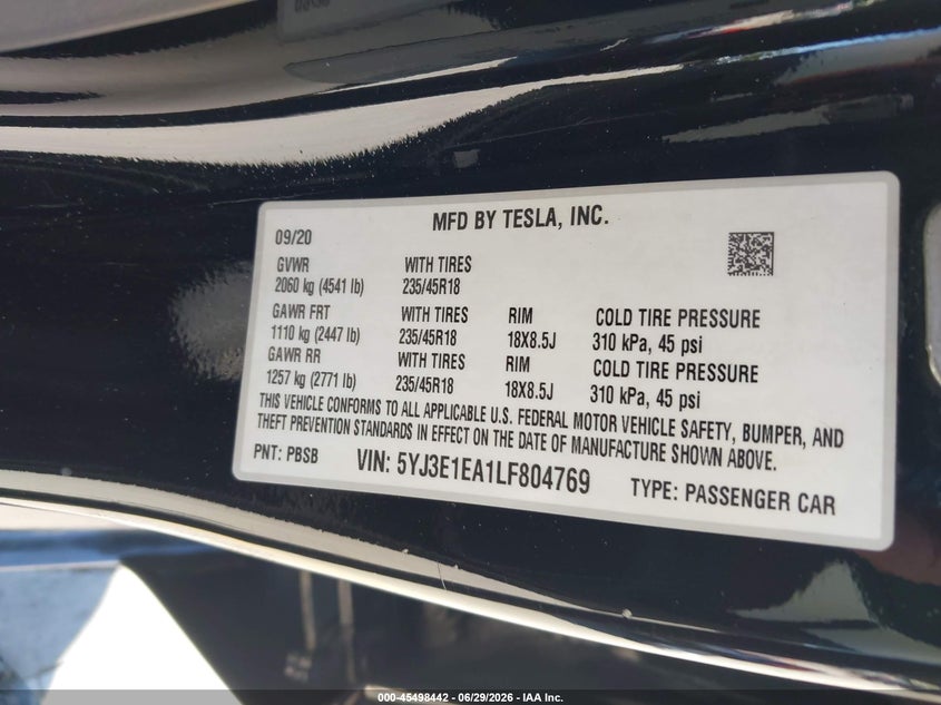 2020 Tesla Model 3 VIN 5YJ3E1EA1LF804769 IAAI salvage auction — ELECTRICAL, Clear (California), sold $4,750 on 2026-07-06 (photo 9)
