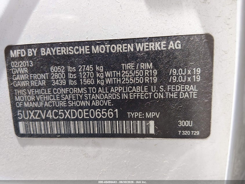 2013 BMW X5 VIN 5UXZV4C5XD0E06561 IAAI salvage auction — NORMAL WEAR, Clear (Arizona), sold $1,650 on 2026-07-31 (photo 9)