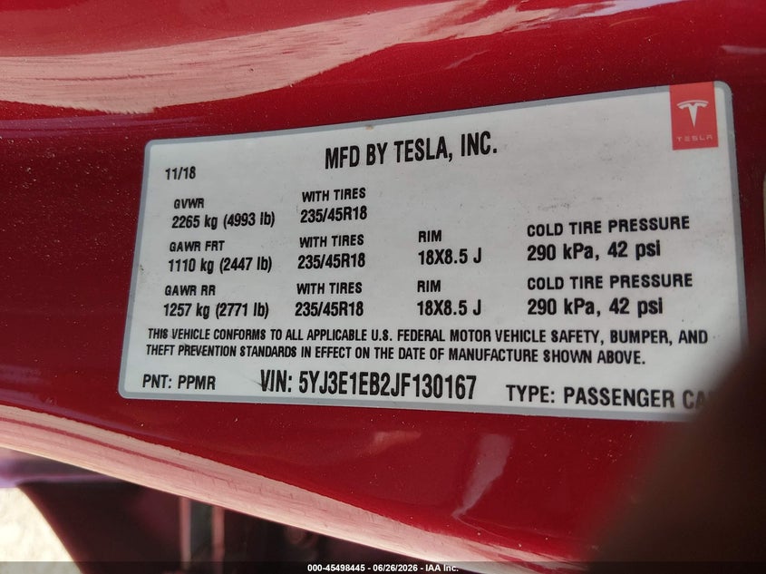 2018 Tesla Model 3 VIN 5YJ3E1EB2JF130167 IAAI salvage auction — ELECTRICAL, Clear (Georgia), sold $4,775 on 2026-07-09 (photo 9)