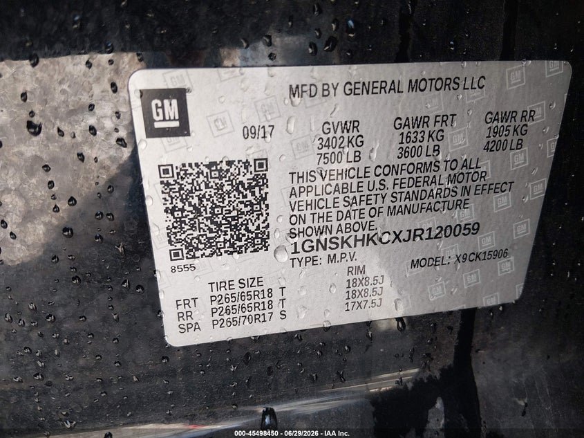 2018 Chevrolet Suburban VIN 1GNSKHKCXJR120059 IAAI salvage auction — REAR END, Clear (Arkansas), sold $7,000 on 2026-08-31 (photo 9)