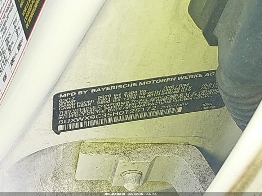 2017 BMW X3 VIN 5UXWX9C35H0T25172 IAAI salvage auction — NORMAL WEAR, Repossession Paperwork (Georgia), sold $300 on 2026-07-22 (photo 9)