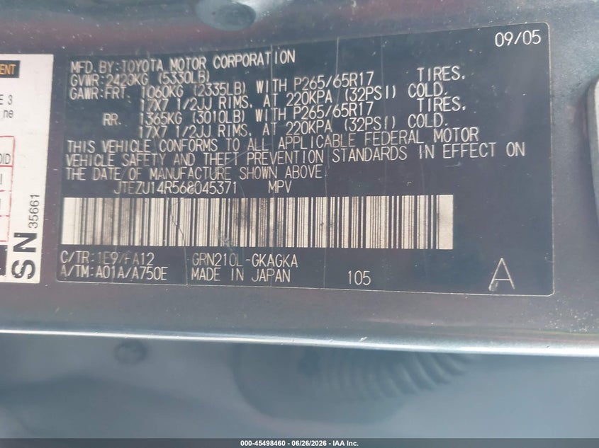 2006 Toyota 4runner VIN JTEZU14R568045371 IAAI salvage auction — NORMAL WEAR, Clear (Florida), sold $675 on 2026-07-30 (photo 9)
