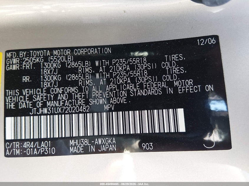 2007 Lexus Rx 400h VIN JTJHW31UX72020482 IAAI salvage auction — NORMAL WEAR, Clear (Nevada), sold $4,050 on 2026-07-31 (photo 9)