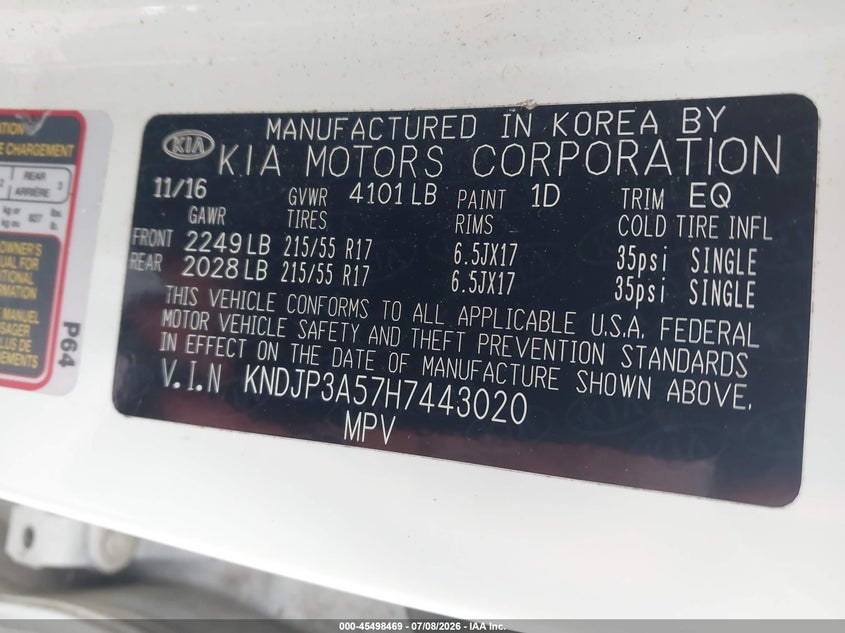 2017 Kia Soul VIN KNDJP3A57H7443020 IAAI salvage auction — NORMAL WEAR, Clear (Tennessee), sold $625 on 2026-07-28 (photo 9)