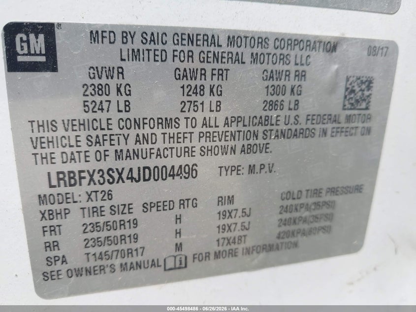 2018 Buick Envision VIN LRBFX3SX4JD004496 IAAI salvage auction — NORMAL WEAR, Original (Texas), sold $3,950 on 2026-07-27 (photo 9)