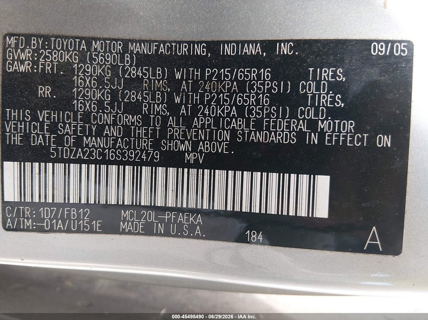2006 Toyota Sienna VIN 5TDZA23C16S392479 IAAI salvage auction — NORMAL WEAR, Repossession Paperwork (Georgia), sold $450 on 2026-07-23 (photo 9)