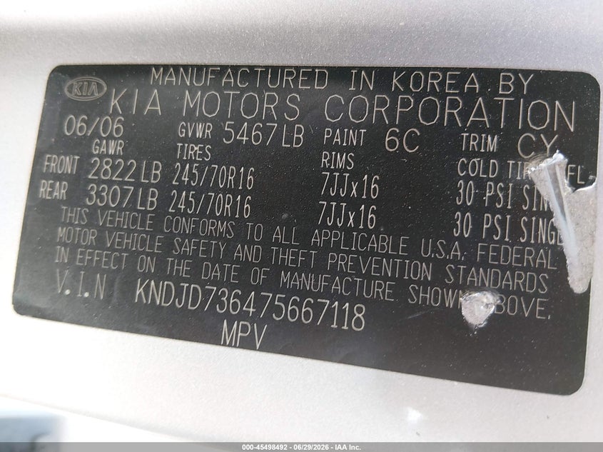 2007 Kia Sorento VIN KNDJD736475667118 IAAI salvage auction — NORMAL WEAR, Original (Texas), sold $400 on 2026-07-20 (photo 9)