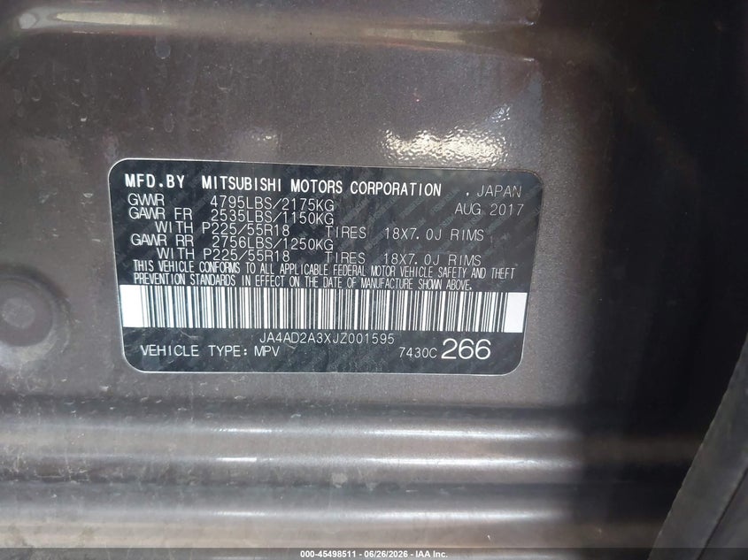 2018 Mitsubishi Outlander VIN JA4AD2A3XJZ001595 IAAI salvage auction — NORMAL WEAR, Clear (Arizona), sold $25 on 2026-07-28 (photo 9)