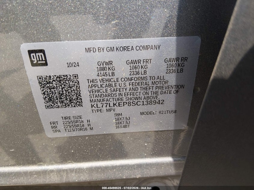 2025 Chevrolet Trax VIN KL77LKEP8SC138942 IAAI salvage auction — FRONT END, Clear (New Jersey), sold $11,400 on 2026-07-14 (photo 9)