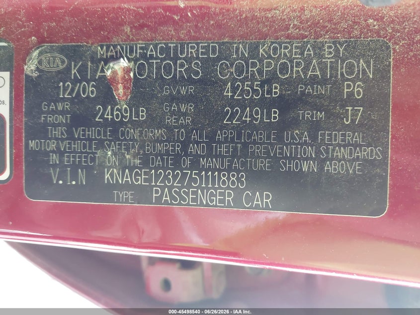 2007 Kia Optima VIN KNAGE123275111883 IAAI salvage auction — NORMAL WEAR, Original (Texas), sold $25 on 2026-07-29 (photo 9)
