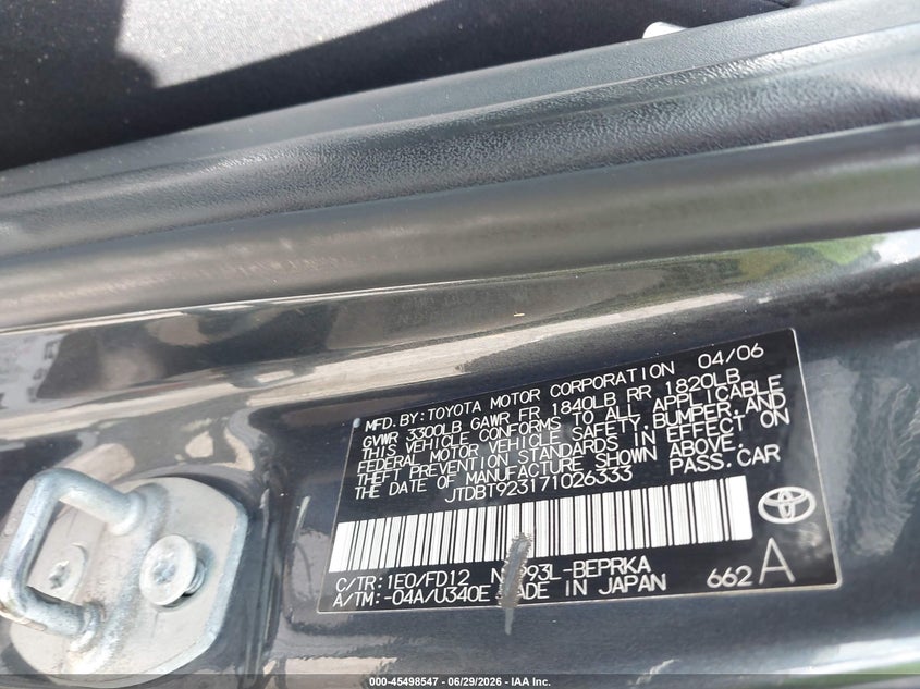 2007 Toyota Yaris VIN JTDBT923171026333 IAAI salvage auction — FRONT END, Rebuildable (Florida), sold $1,200 on 2026-07-29 (photo 9)