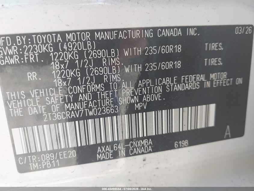 2026 Toyota Rav 4 VIN 2T36CRAV7TW023663 IAAI salvage auction — FRONT END, Salvage Title, sold $23,500 on 2026-09-15 (photo 9)