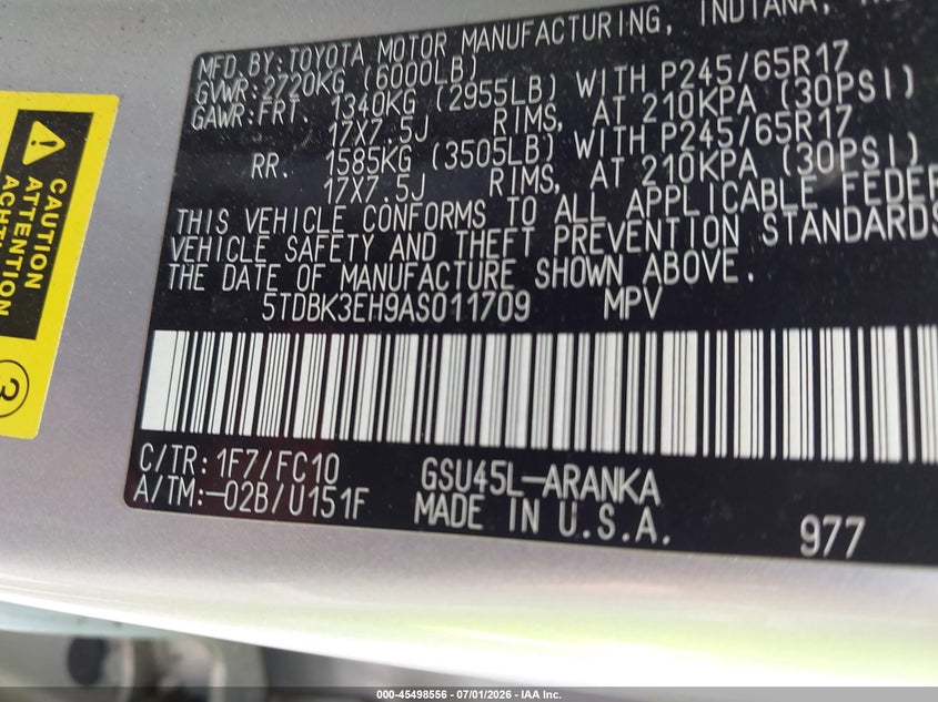 2010 Toyota Highlander VIN 5TDBK3EH9AS011709 IAAI salvage auction — NORMAL WEAR, Clear (New York), sold $3,375 on 2026-07-14 (photo 9)