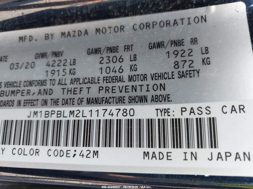 2020 Mazda 3 VIN JM1BPBLM2L1174780 IAAI salvage auction — REAR END, Wait Title, sold $75 on 2026-07-28 (photo 9)