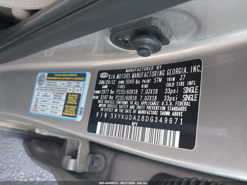 2013 Kia Sorento VIN 5XYKUDA28DG349671 IAAI salvage auction — NORMAL WEAR, Clear (Colorado), sold $1,400 on 2026-07-07 (photo 9)