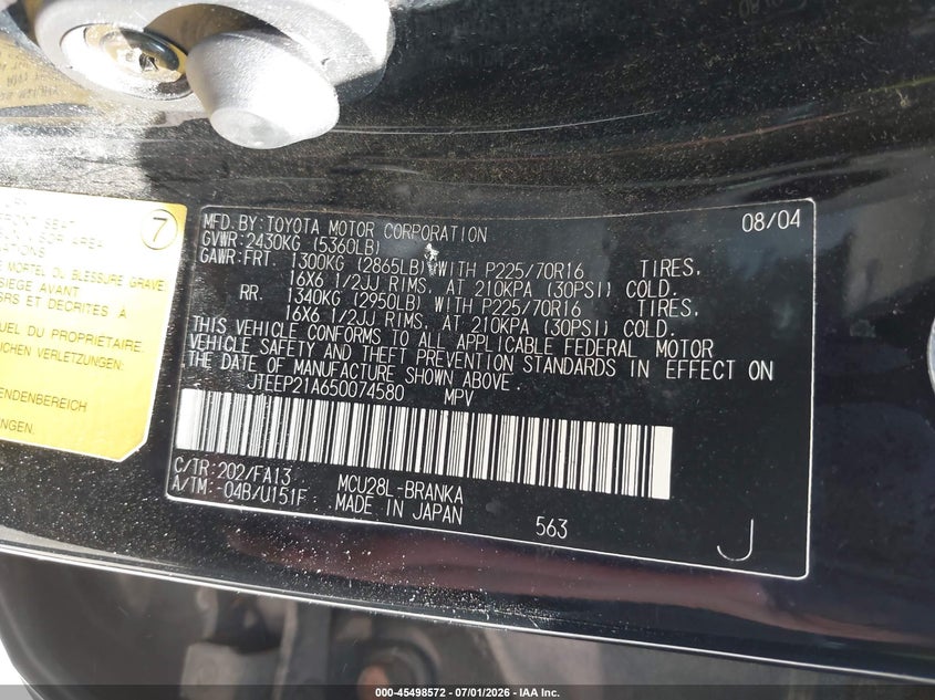 2005 Toyota Highlander VIN JTEEP21A650074580 IAAI salvage auction — ALL OVER, Parts Only Bos (Maryland), sold $25 on 2026-07-15 (photo 9)