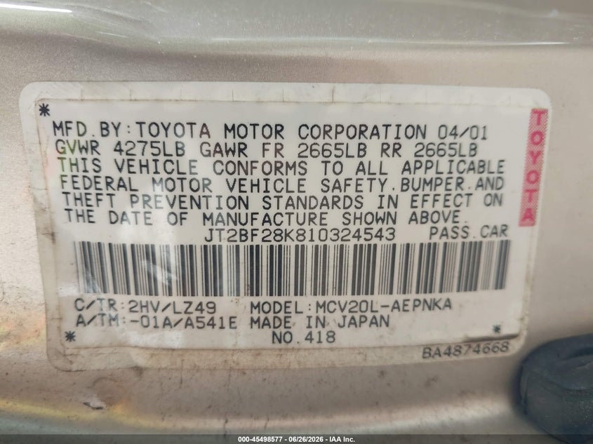 2001 Toyota Camry VIN JT2BF28K810324543 IAAI salvage auction — NORMAL WEAR, Clear (Maryland), sold $450 on 2026-07-21 (photo 9)