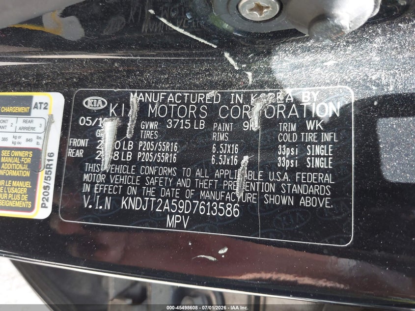 2013 Kia Soul VIN KNDJT2A59D7613586 IAAI salvage auction — ALL OVER, Parts Only Bos (Maryland), sold $300 on 2026-07-08 (photo 9)