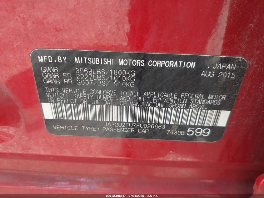 2015 Mitsubishi Lancer VIN JA32U2FU7FU026663 IAAI salvage auction — UNKNOWN, Parts Only Bos (Maryland), sold $250 on 2026-07-15 (photo 9)
