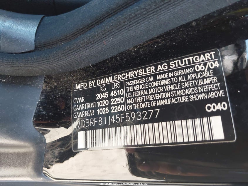 2005 Mercedes-benz C class VIN WDBRF81J45F593277 IAAI salvage auction — ALL OVER, Parts Only Bos (Maryland), sold $275 on 2026-07-15 (photo 9)