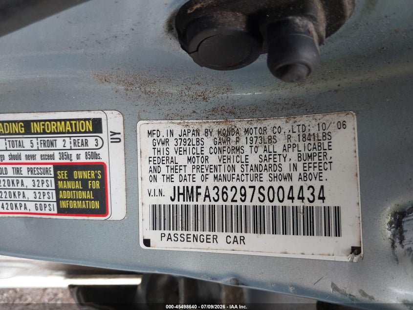 2007 Honda Civic hybrid VIN JHMFA36297S004434 IAAI salvage auction — ALL OVER, Parts Only Bos (Maryland), sold $175 on 2026-07-22 (photo 9)
