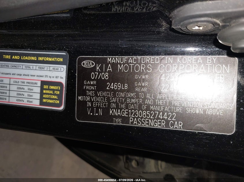 2008 Kia Optima VIN KNAGE123085274422 IAAI salvage auction — REAR END, Salvage (North Carolina), sold $375 on 2026-07-23 (photo 9)