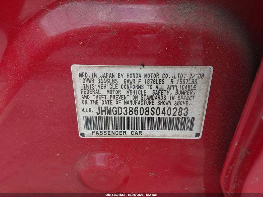 2008 Honda Fit VIN JHMGD38608S040283 IAAI salvage auction — NORMAL WEAR, Clear (Georgia), sold $600 on 2026-07-21 (photo 9)