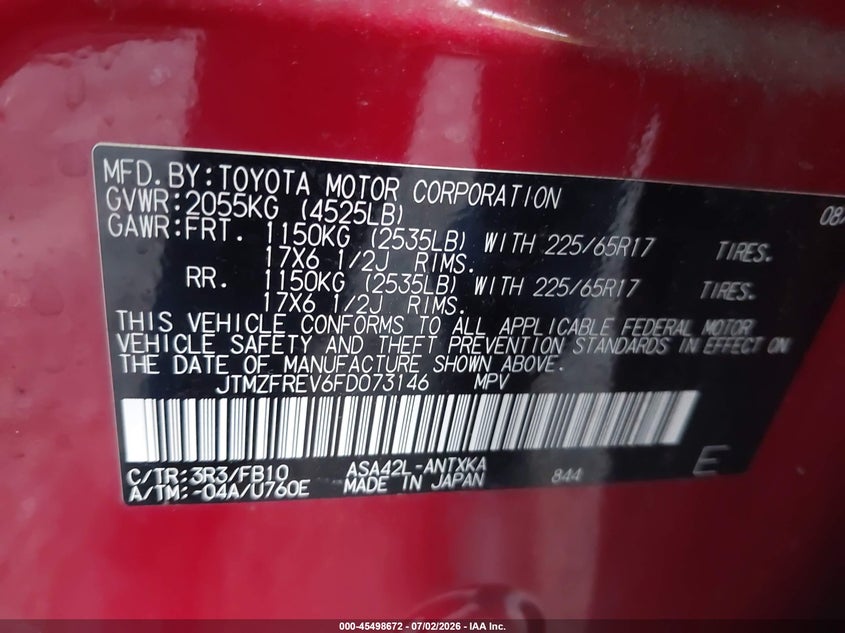 2015 Toyota Rav 4 VIN JTMZFREV6FD073146 IAAI salvage auction — UNKNOWN, Parts Only Bos (Maryland), sold $3,050 on 2026-07-15 (photo 9)