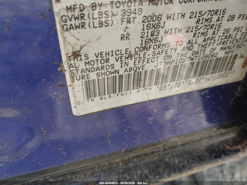 1998 Toyota Rav4 VIN JT3HP10V7W7106062 IAAI salvage auction — NORMAL WEAR, Clear (Virginia), sold $325 on 2026-07-13 (photo 9)